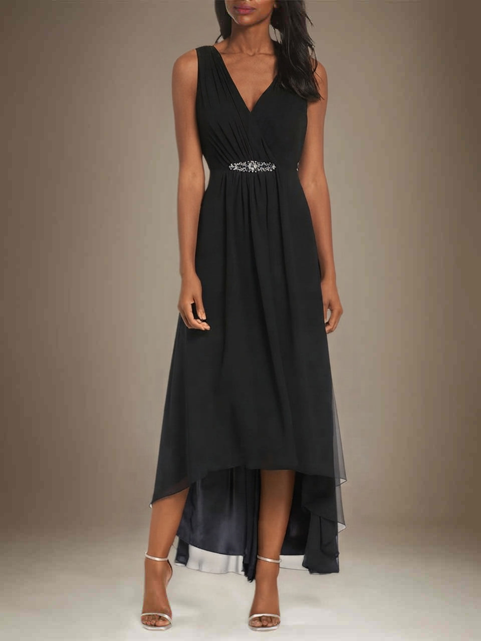 A Line Chiffon V Neck Sleeveless Asymmetrical Dress With Rhinestones
