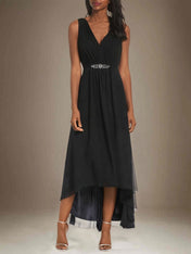 A Line Chiffon V Neck Sleeveless Asymmetrical Dress With Rhinestones