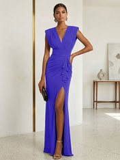 Commanding Formal Evening Dress Emerald Green Plunging V-Neck Slit Gown