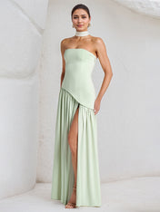 Elegant Mint Green Strapless Pleated Maxi Dress With Slit