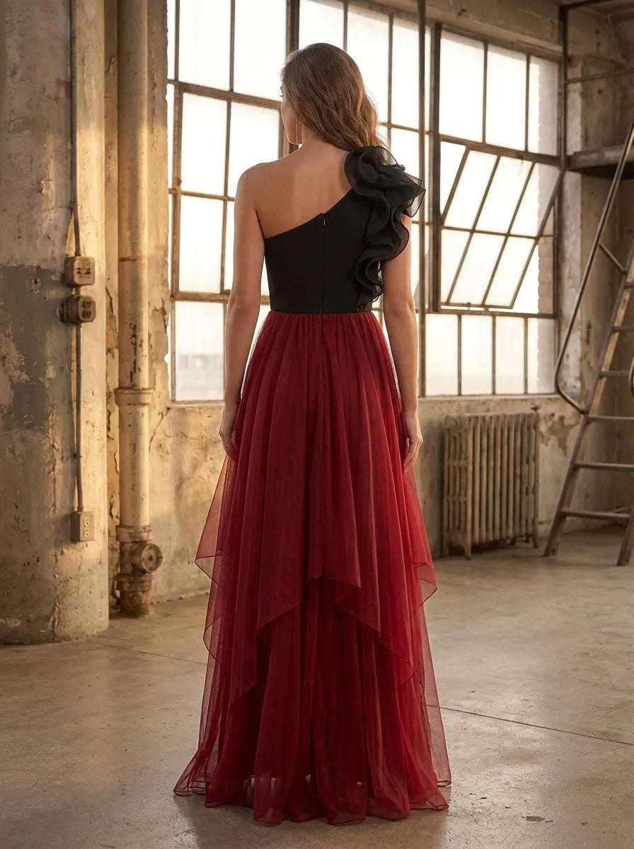 Black and Burgundy One-Shoulder Layered Tulle Evening Dress
