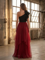 Black and Burgundy One-Shoulder Layered Tulle Evening Dress