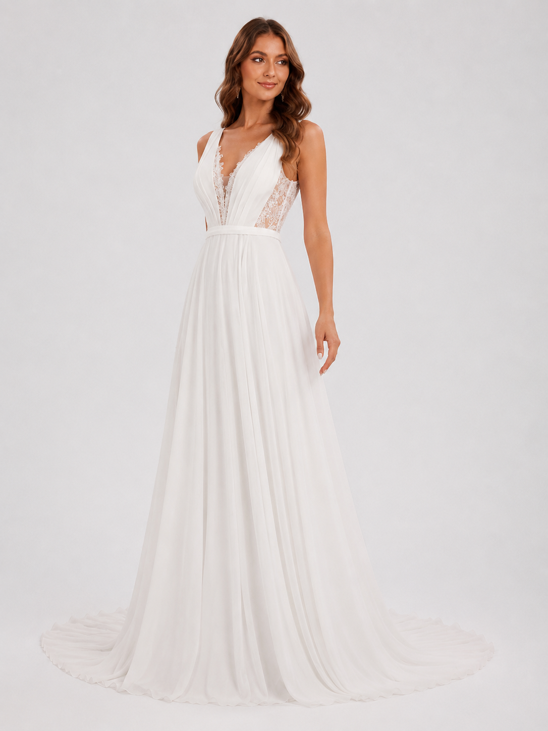 Elegant Plunging V-Neck Lace Bodice Chiffon A-Line Wedding Dress with Chapel Train