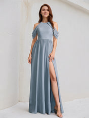 Dusty Blue A-Line High Neck Floor-Length Chiffon Bridesmaid Dress