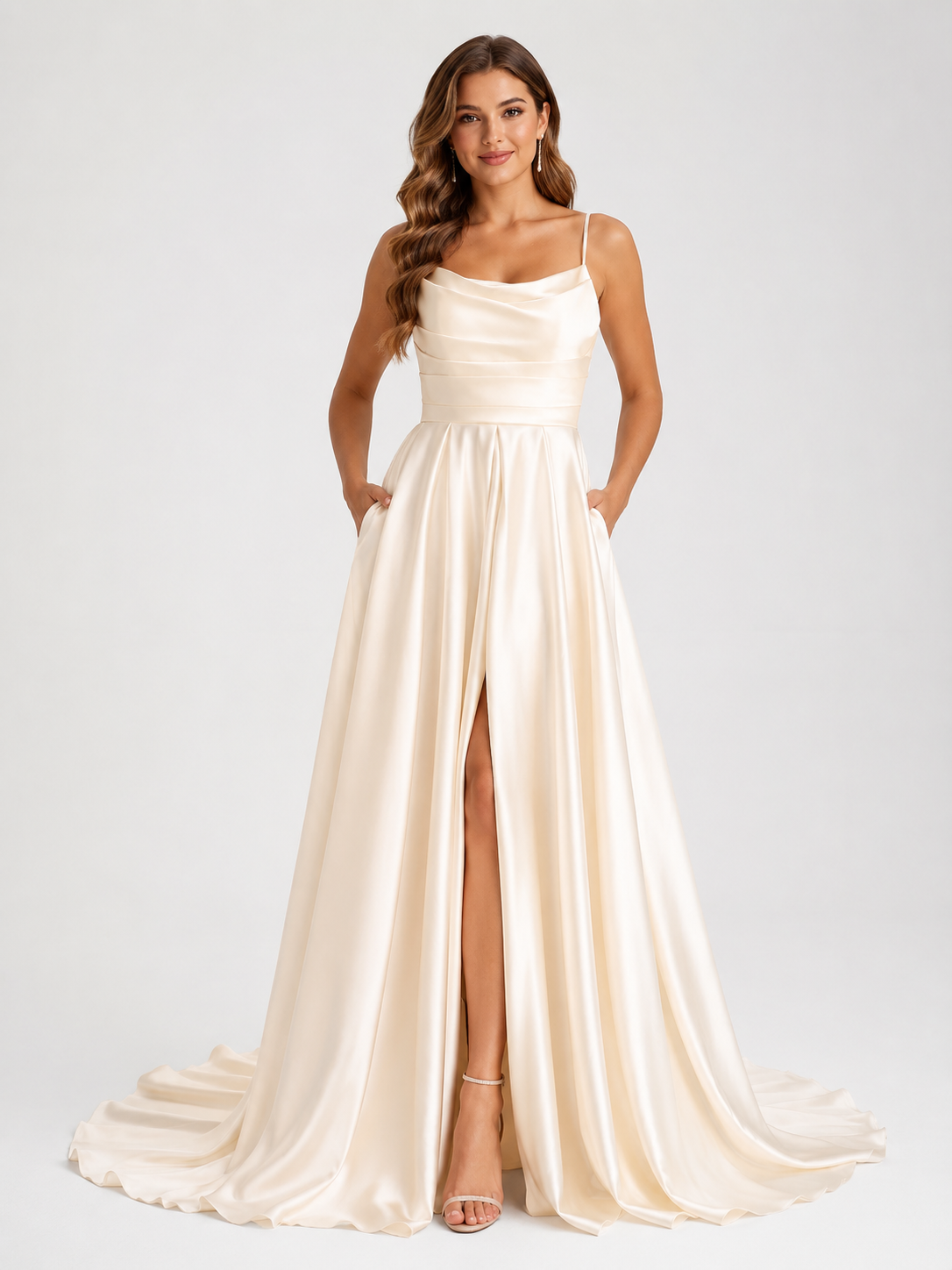Elegant Cowl Neck Satin A-Line Wedding Dress with High Slit and Chapel Train