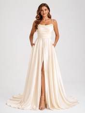 Elegant Cowl Neck Satin A-Line Wedding Dress with High Slit and Chapel Train