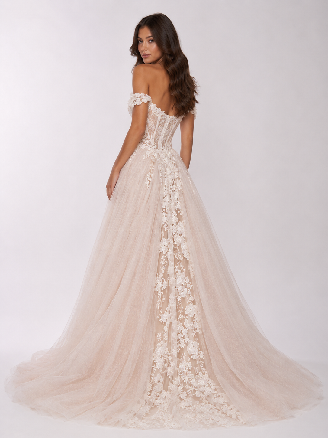 Elegant Off-the-Shoulder Lace Applique Glitter Tulle A-Line Wedding Dress with Chapel Train