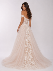 Elegant Off-the-Shoulder Lace Applique Glitter Tulle A-Line Wedding Dress with Chapel Train
