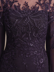 Sheath/Column Scoop 1/2 Sleeve Floor-Length Lace Chiffon Mother of the Bride Dress With Sequins