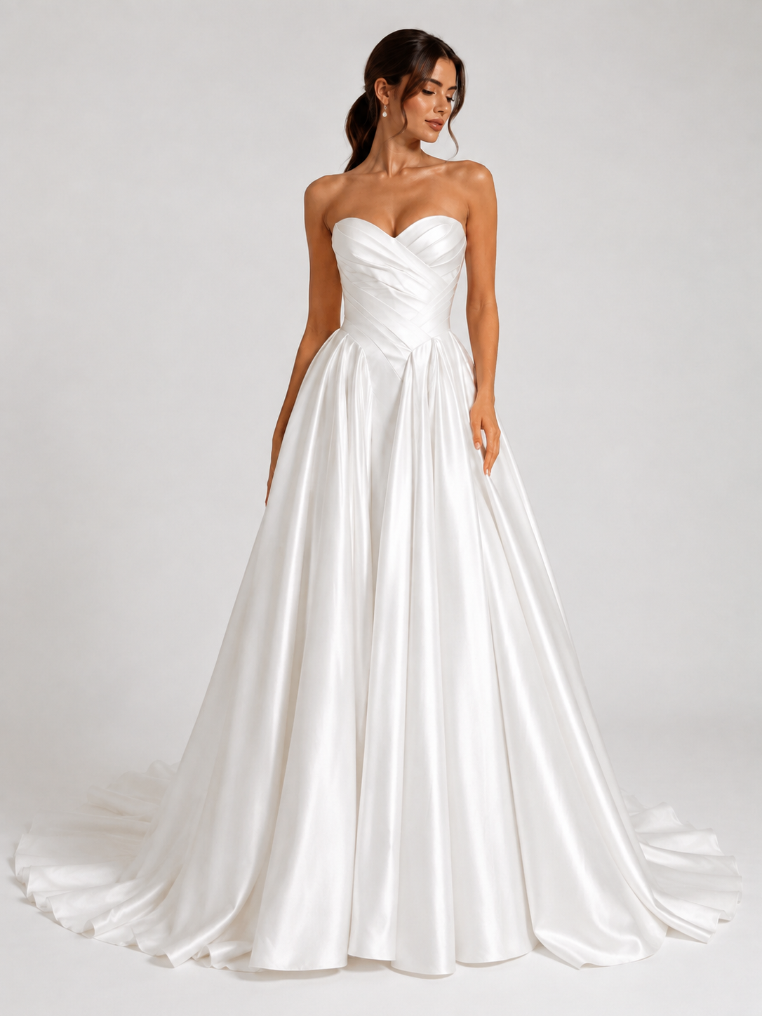 Elegant Strapless Ruched Satin A-Line Wedding Dress with Chapel Train
