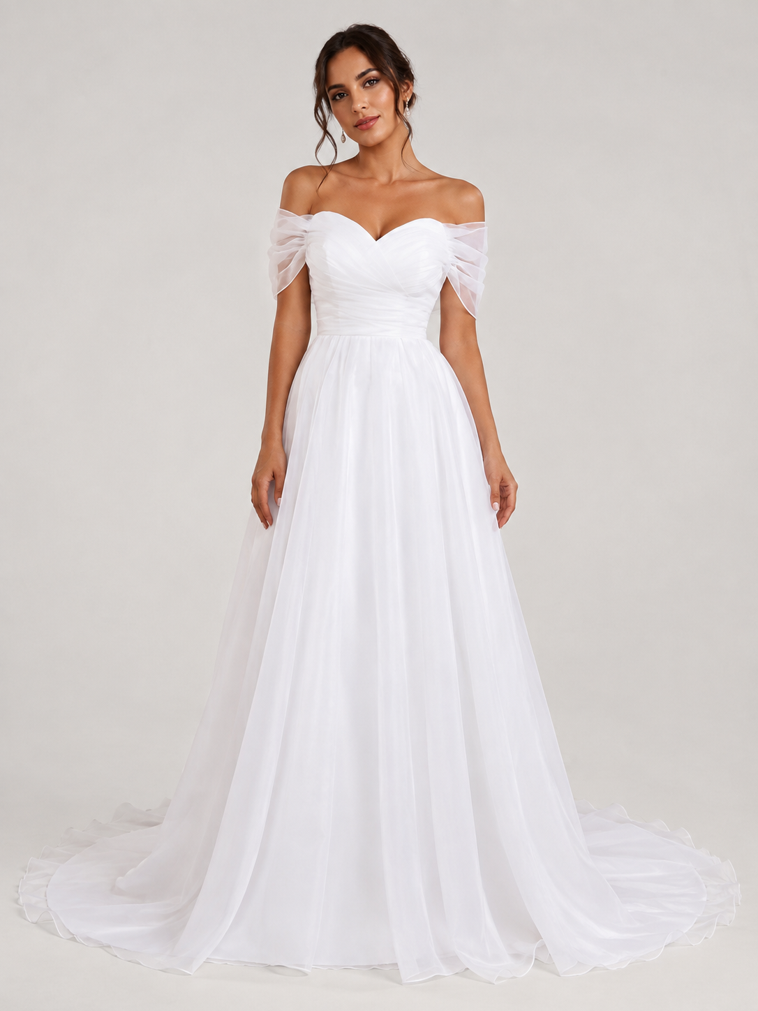 Elegant Ruched Off-the-Shoulder Tulle A-Line Wedding Dress with Sweep Train