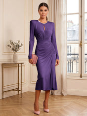 Dusty Rose Long Sleeve Ruched Midi Dress Formal Evening Gown
