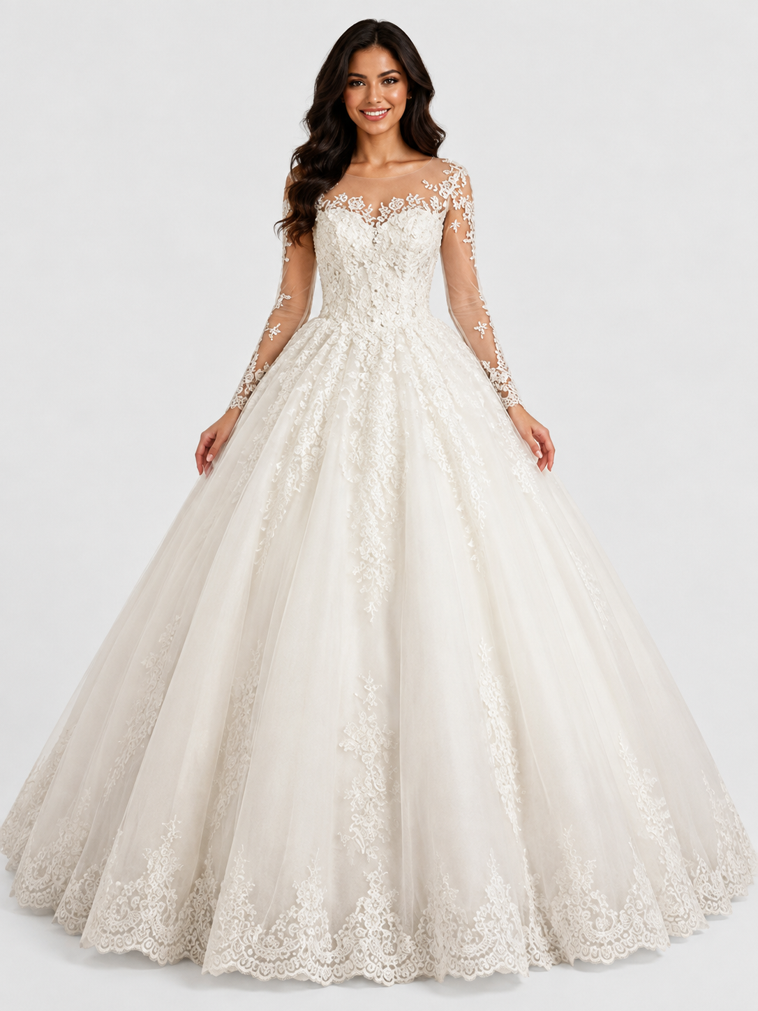 Elegant Illusion Long-Sleeve Lace Tulle A-Line Wedding Dress with Chapel Train