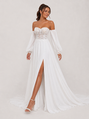 Elegant Off-the-Shoulder Lace Bodice Chiffon A-Line Wedding Dress with High Slit and Chapel Train