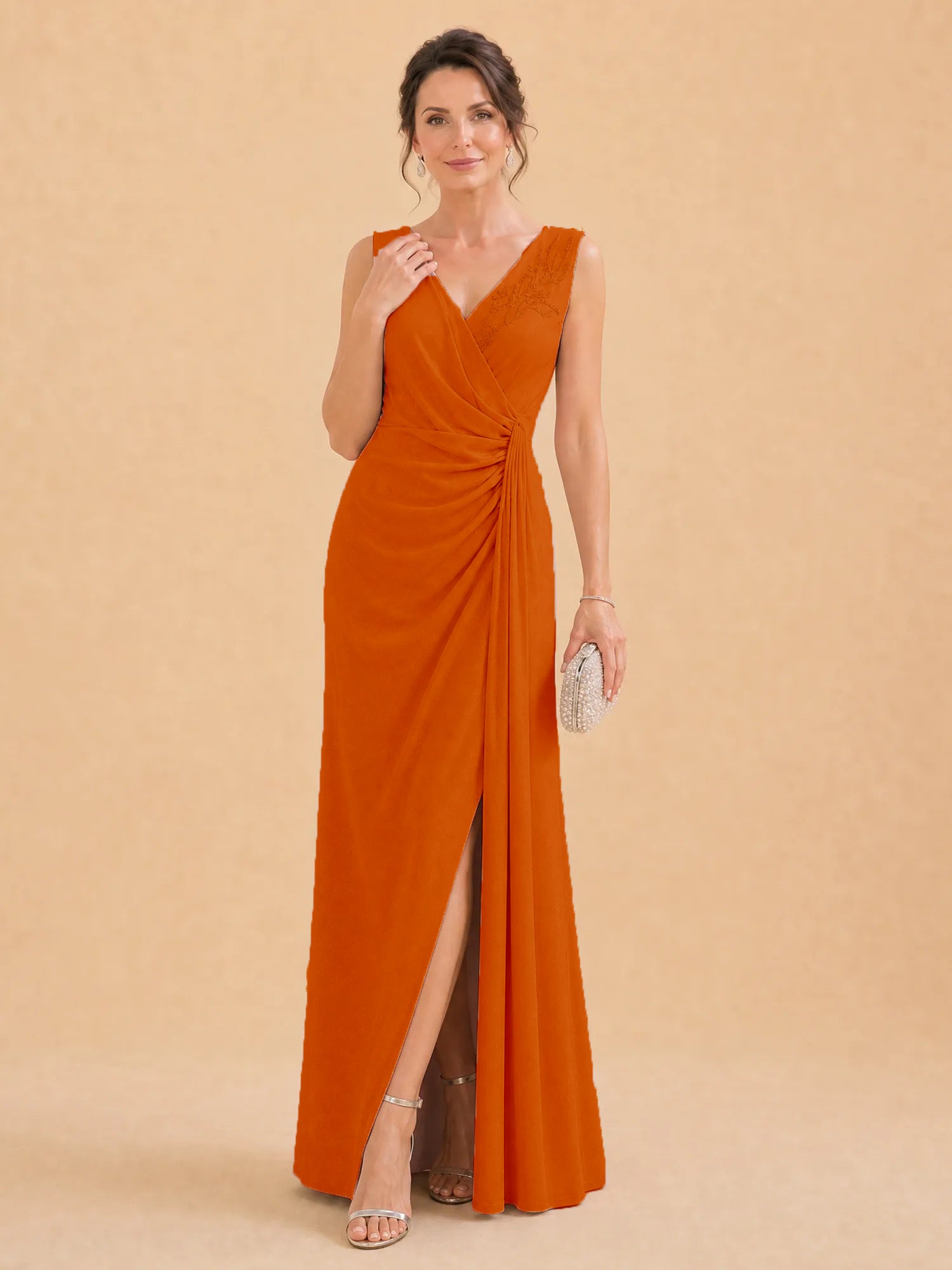 V-Neck Faux-Wrap Evening Gown with Side Draping Mother of The Bride Dresses