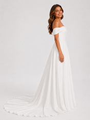Elegant Off-the-Shoulder Draped Satin A-Line Wedding Dress with Chapel Train