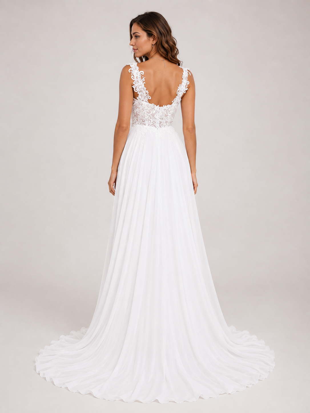 Elegant Scoop Neck Lace Applique Chiffon A-Line Wedding Dress with High Slit and Sweep Train