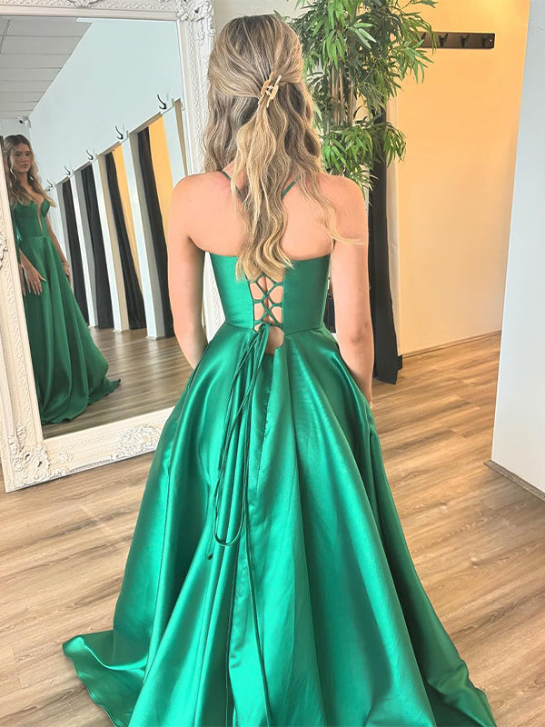 Green A-Line V-Neck Spaghetti Straps Long Prom Dress with Slit