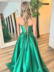Green A-Line V-Neck Spaghetti Straps Long Prom Dress with Slit