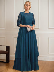 A-line Scoop Illusion Floor-Length Lace Chiffon Mother of the Bride Dress With Pleated