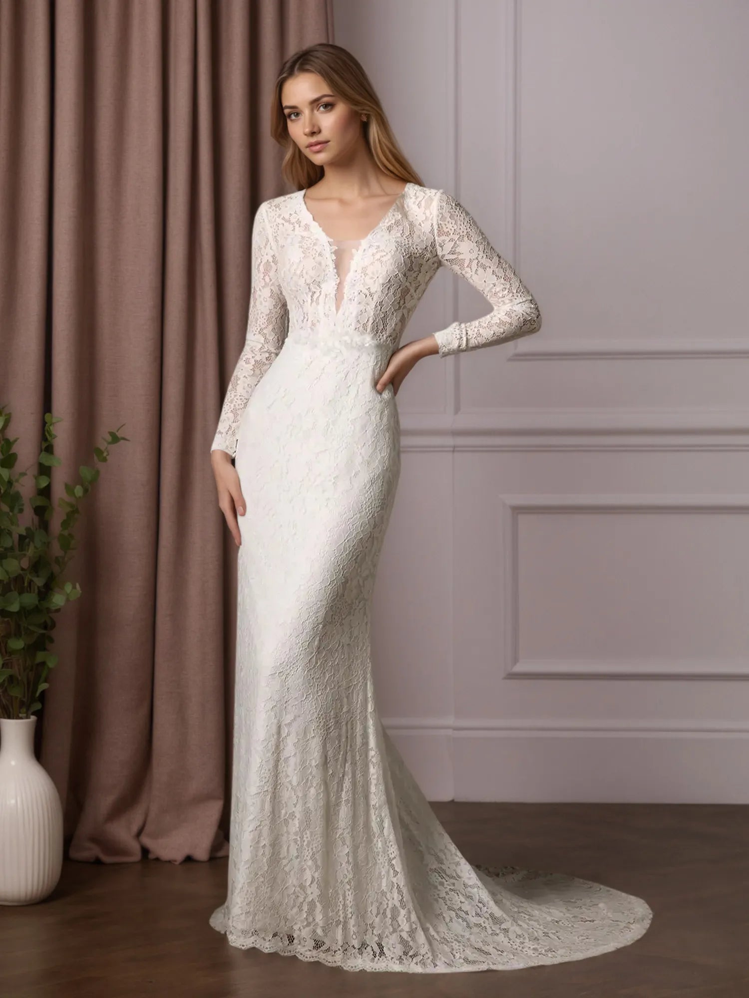 White Sheath V-Neck Tulle Wedding Dress