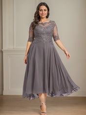 A-line Boat Neck Illusion Asymmetrical Chiffon Lace Mother of the Bride Dress With Sequins Beading