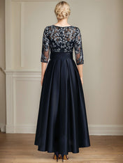 A-line Scoop Illusion Asymmetrical Satin Lace Mother of the Bride Dress With Bow