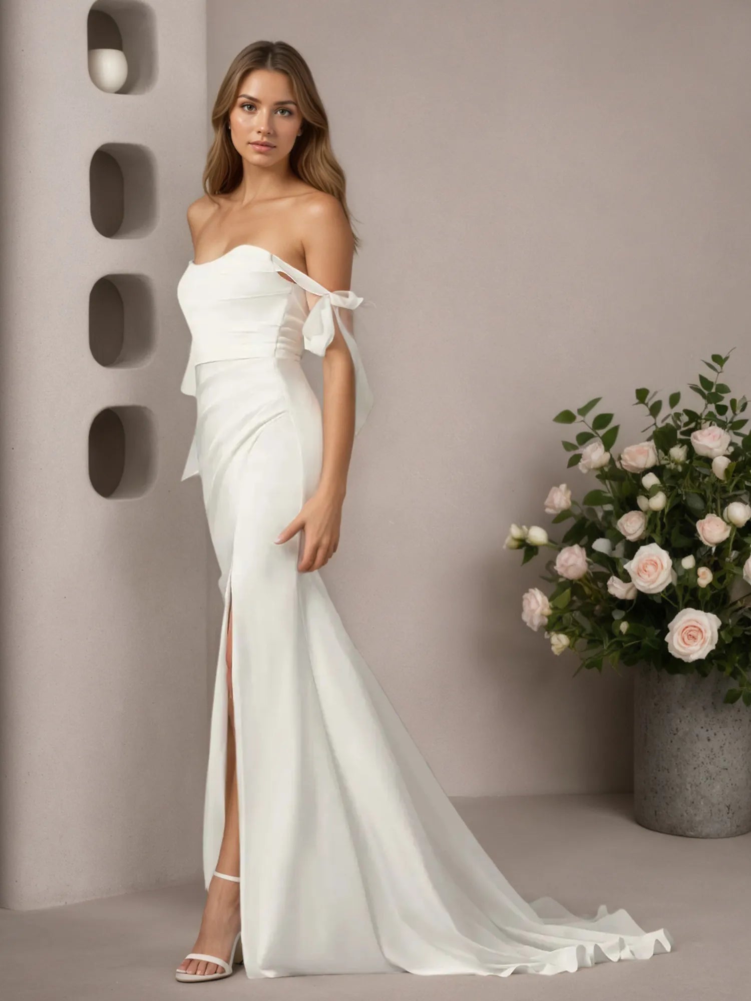 White Mermaid Off the Shoulder Crepe Back Satin Wedding Dress