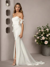 White Mermaid Off the Shoulder Crepe Back Satin Wedding Dress