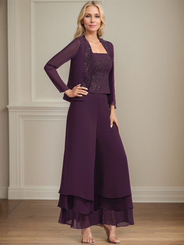 Robe de mère de la mariée en mousseline de soie, longueur cheville, avec sequins, combinaison/tailleur carré 
