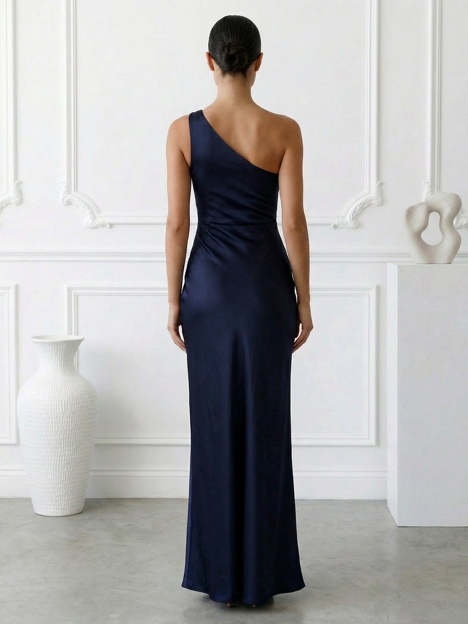 Navy Blue One Shoulder Mermaid Maxi Dress with Slit