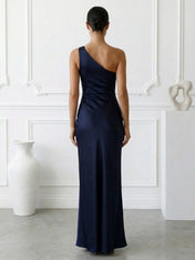 Navy Blue One Shoulder Mermaid Maxi Dress with Slit