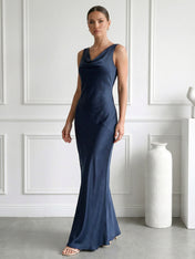 Navy Blue V Neck Mermaid Maxi Dress with Pleat