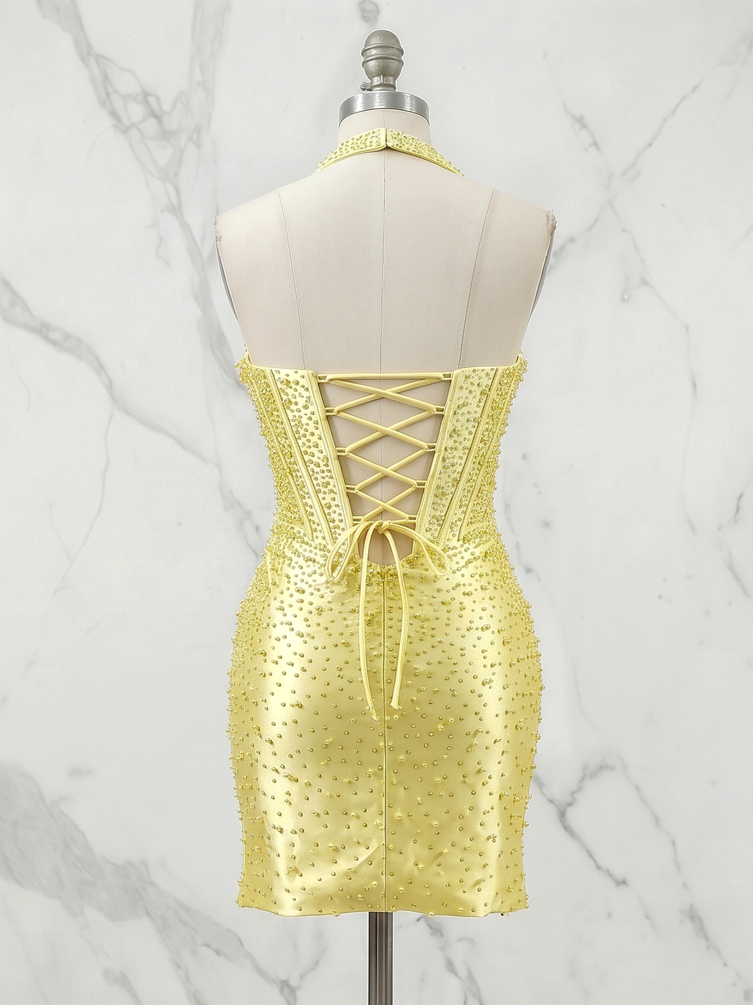 Glamorous Champagne Pearl Beaded Corset Short Homecoming Dress