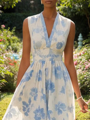 Light Blue Chiffon Floral V Neck Sleeveless A-Line Maxi Dress
