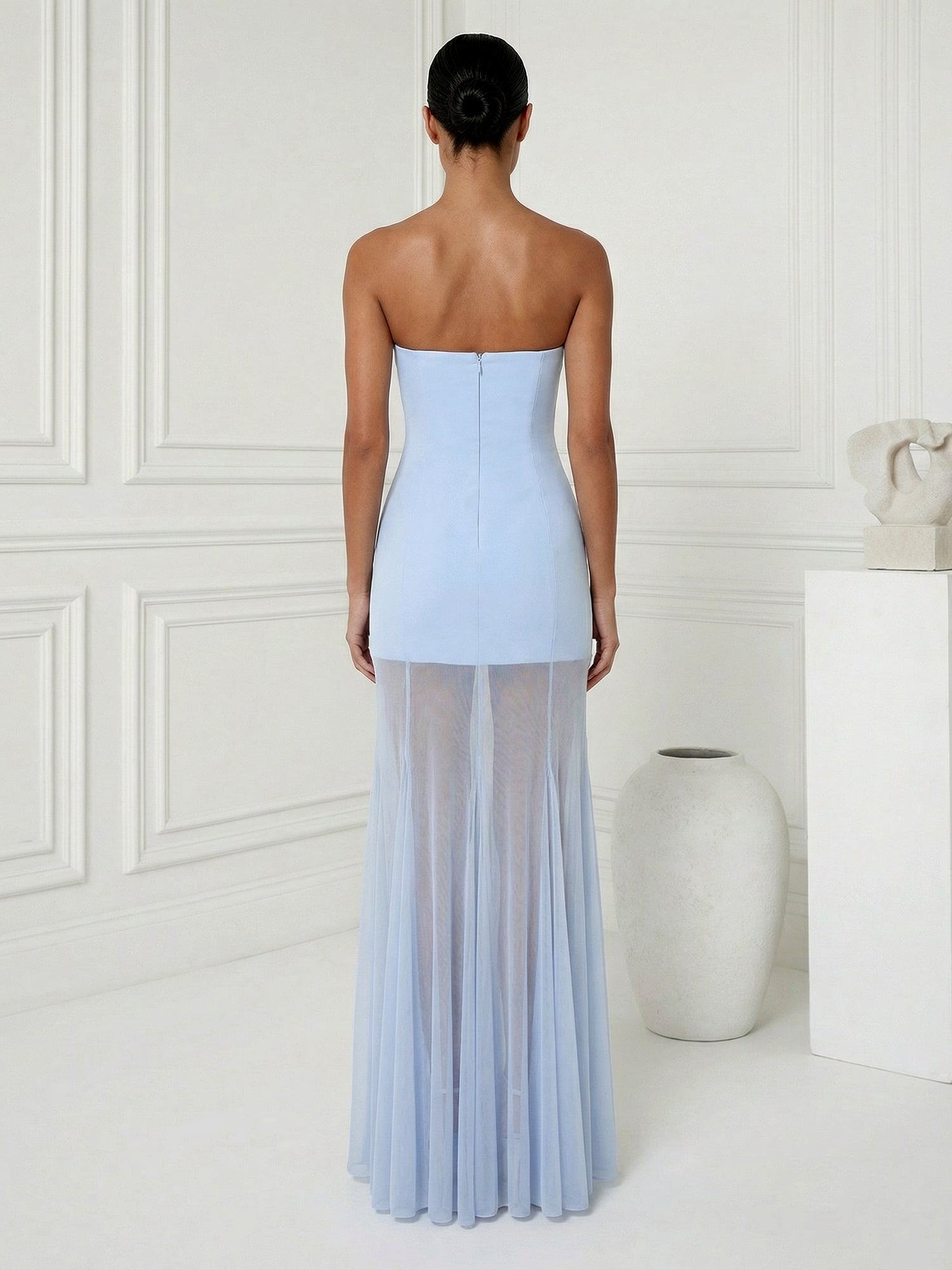Light Blue Strapless Mermaid Chiffon Maxi Dress with Pleat
