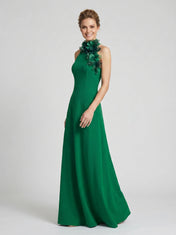 Halter Neck A-Line Chiffon Mother of the Bride Dress with 3D Floral Neckline Adornment