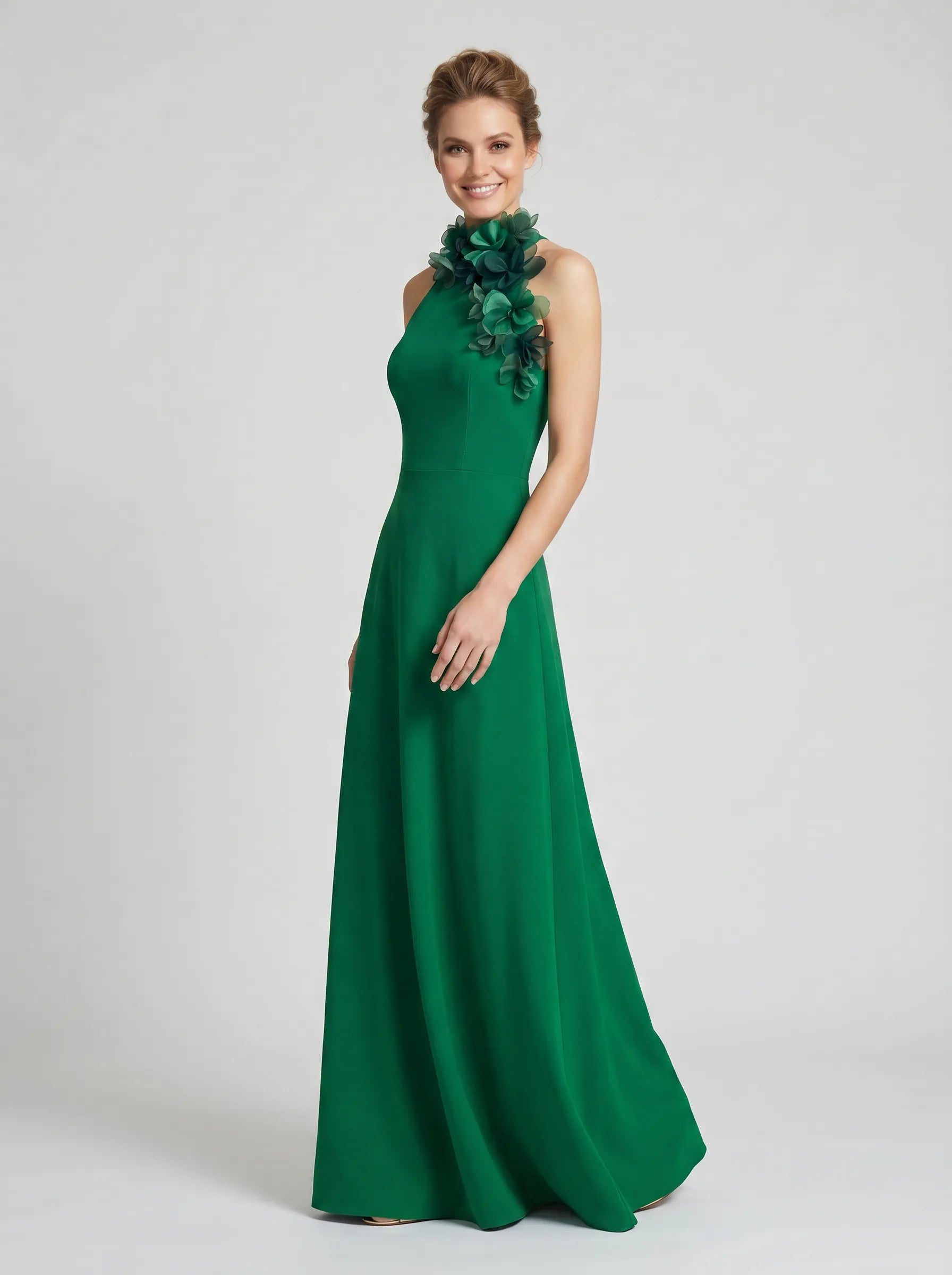 Halter Neck A-Line Chiffon Mother of the Bride Dress with 3D Floral Neckline Adornment