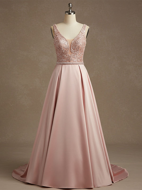 Pink A-line V-Neck Floor-Length Satin Lace Prom Dress With Sequins