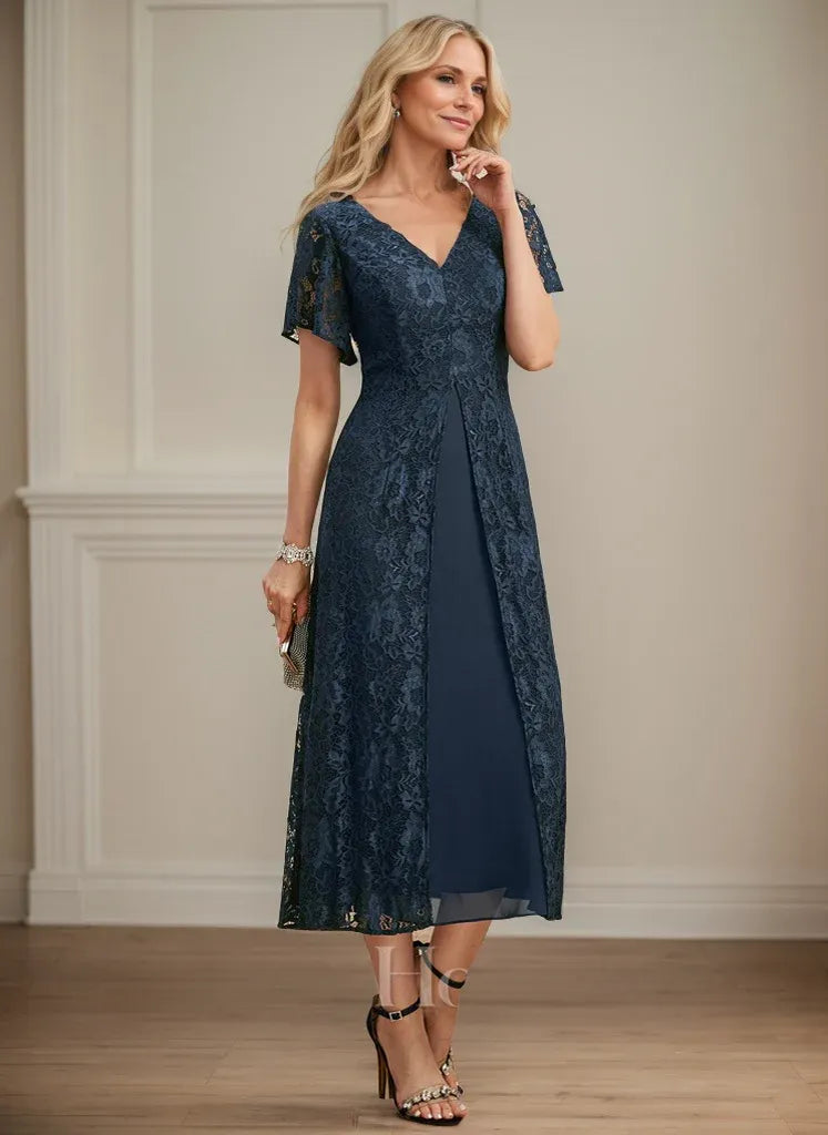 Robe de mère de la mariée en mousseline de soie, coupe trapèze, col en V et longueur thé 