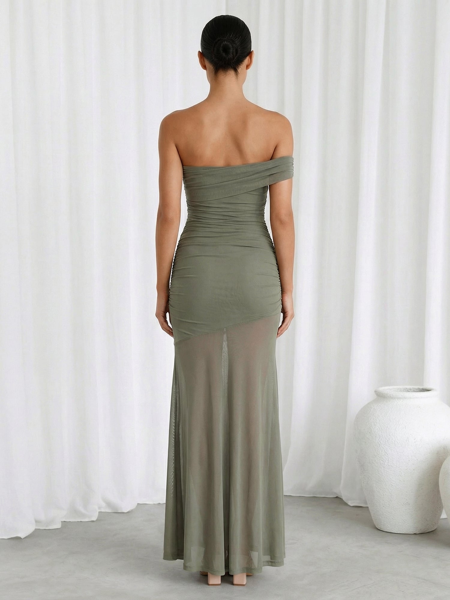 Sage Green One Shoulder Chiffon Mermaid Maxi Dress with Pleat