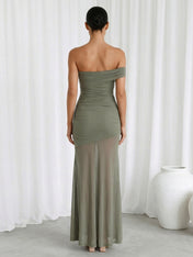 Sage Green One Shoulder Chiffon Mermaid Maxi Dress with Pleat