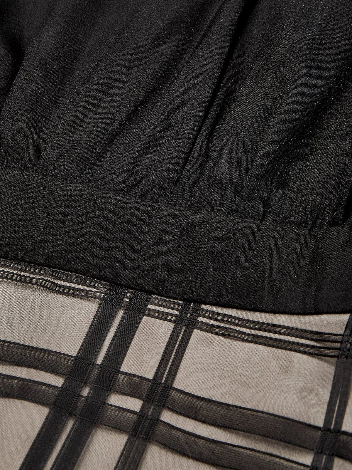 Black Mesh Plaid Classic Mock Neck Sleeveless A-Line Midi Dress