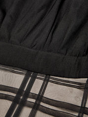 Black Mesh Plaid Classic Mock Neck Sleeveless A-Line Midi Dress