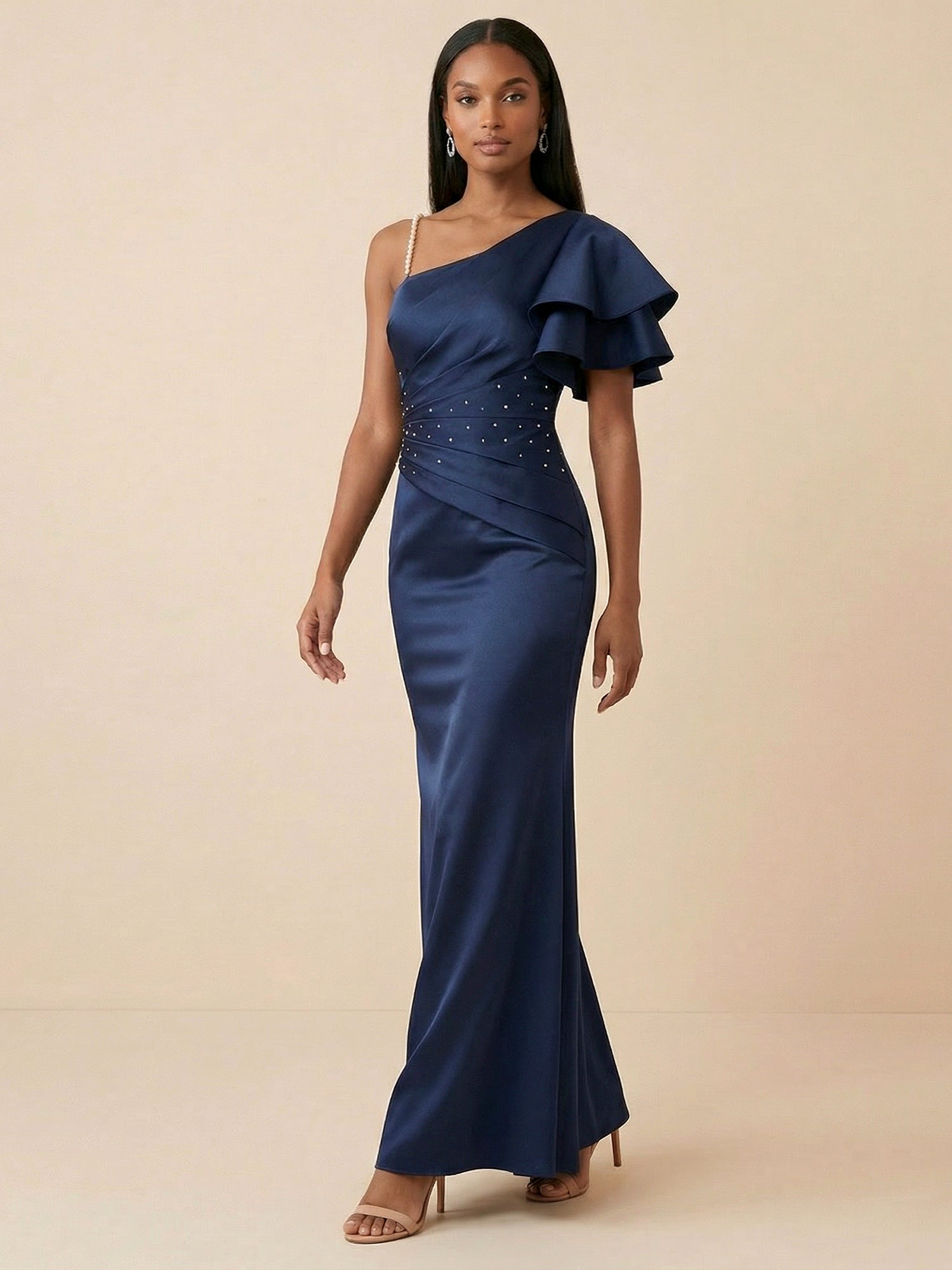 Navy Blue One Shoulder Pleated Maxi Gown with High Slit