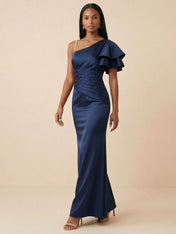Navy Blue One Shoulder Pleated Maxi Gown with High Slit