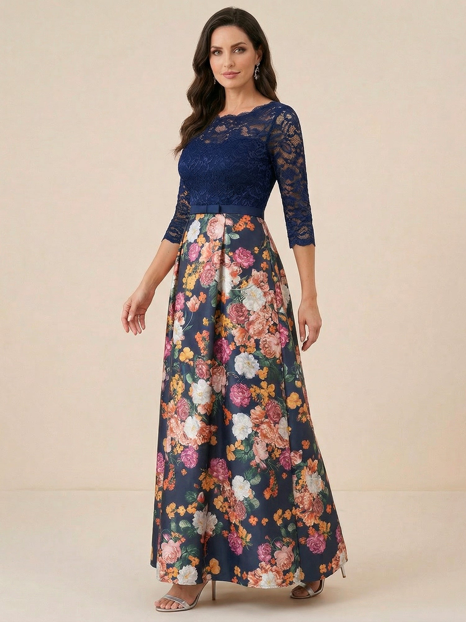Navy Blue Half Sleeves Applique Two-piece Print Floral Mother of the Brides dress