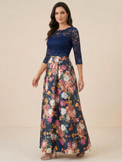 Navy Blue Half Sleeves Applique Two-piece Print Floral Mother of the Brides dress