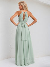 Agave Chiffon A Line Halter Neck Sleeveless Asymmetrical Bridesmaid Dress With Ruffle