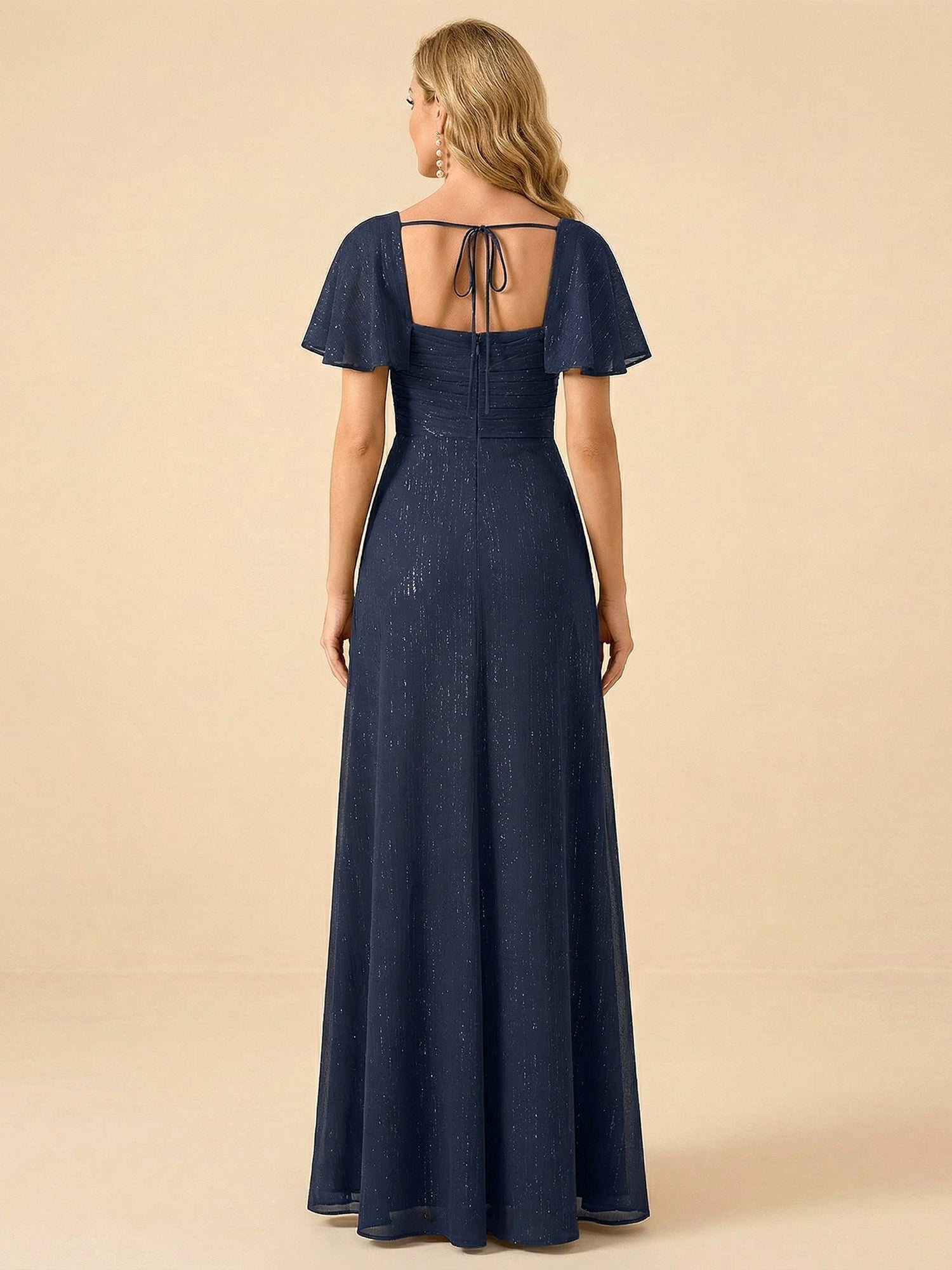 Navy Blue Square Neck Flutter Sleeve Slit Evening Gown with Rhinestone